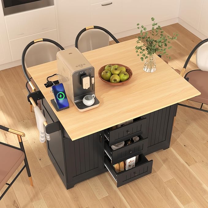 56" Large Kitchen Island with 2 Drop Leafs,Rolling Kitchen Cart on 5 Wheels W/Power Outlet & 3 Drawers,Folding Storage Dining Table W/Spice & Towel Racks,for Kitchen,Dining Room,Black