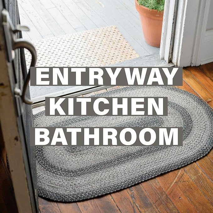 Flint Hill Small Braided Rugs 20x30 - Primitive Style Gray and Black Rug for Kitchen