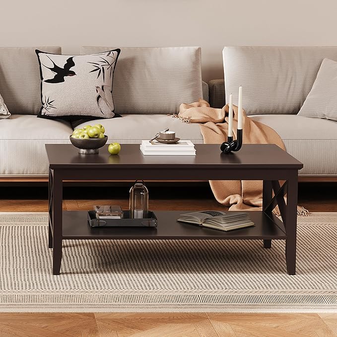 ChooChoo Oxford Coffee Table with Thicker Legs, Espresso Wood Coffee Table with Storage for Living Room 40 inches