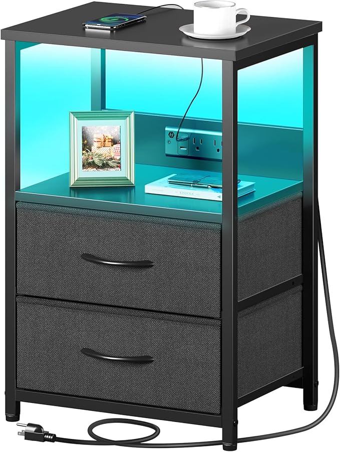 Seventable Nightstand Set of 2 with Charging Station, Bedside Table with LED Lights, Night Stand with 2 Fabric Drawers, 3-Tier Storage End Table for Bedroom, Black