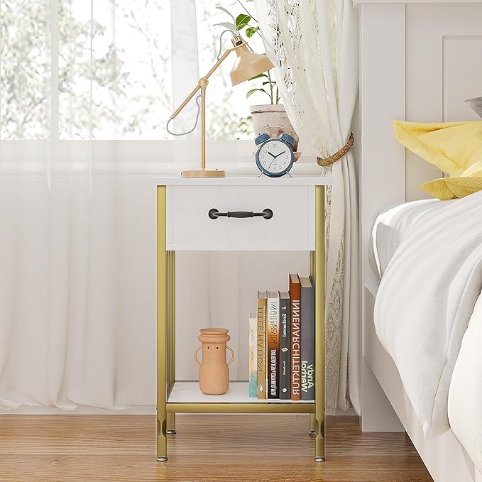 VECELO Nightstands, Industrial Side Table/End Tables with Drawer and Storage Shelf, Night Stands for Bedroom, Living Room, Wood Metal Furniture, Easy Assembly