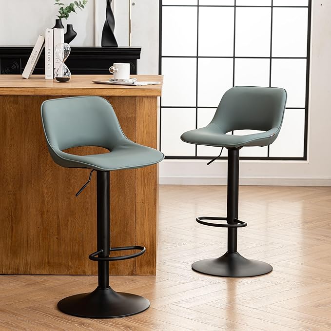 YOUNIKE Bar Stools Set of 2 Modern Swivel Barstools, Adjustable Counter Height Bar Stools Faux Leather Upholstered Counter Stools with Hollow Back for Kitchen Island, Greyish Green