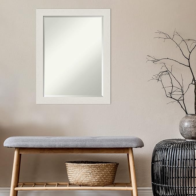Amanti Art White Bathroom Mirror for Over Sink, 28x22 Rustic Plank White Narrow Rectangle Vanity Mirror, Medium Rustic Farmhouse Frame, Hangs Horizonally and Vertically, Bathroom Wall Decor, Beveled
