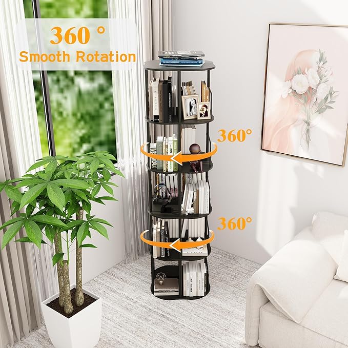 4-Tier Rotating Bookshelf, 360 ° Display Stackable Spinning Bookshelf Tower, Narrow Space Saving Tall Floor Standing Swivel Bookcase Corner Organizer for Bedroom, Living Room, Black