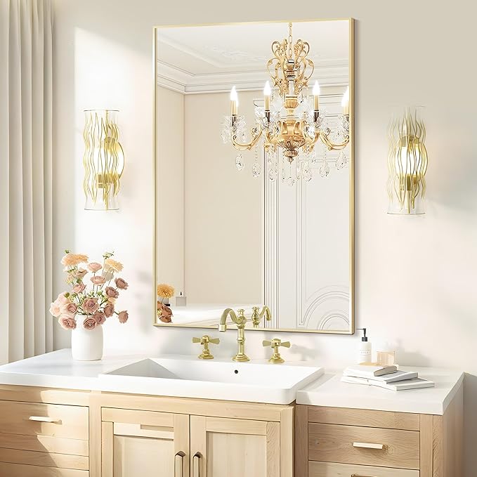 Gold Bathroom Mirror 26"x38", Rectangle Vanity Mirror with Frosted Metal Frame, Tempered Glass Wall Mounted Mirrors, Rust-Resistant for Bathroom, Bedroom & Living Room Decor