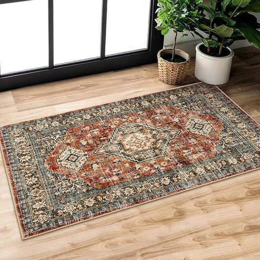 Lahome Oriental Small Area Rug, 2x4 Washable Entryway Rug Non-Slip Ultra-Thin Indoor Door Mat Distressed Throw Carpet for Kitchen Bedroom, Brick Red