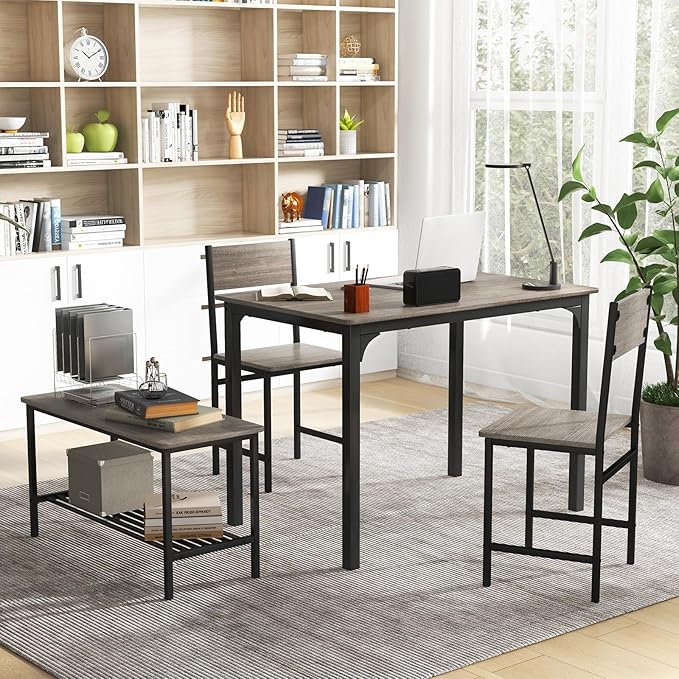 Giantex Dining Table Set for 4, Kitchen Table with Bench and Chairs, Industrial Gathering Bench Dining Set W/Metal Frame & Storage Rack, Dinette Set, Modern Functional Desk Set (Black Oak)