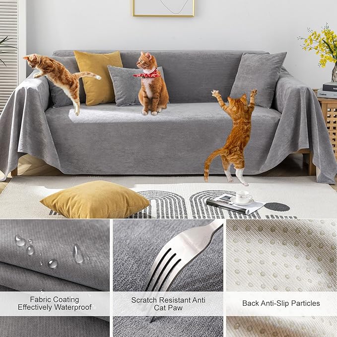 STACYPIK Waterproof Couch Cover for Sectional, Anti-Scratch Gray Sofa Cover for 3 Cushion Couch, L Shaped Sofa Cover Pet-Friendly, Loveseat Sofa Slipcover, Washable Furniture Protector Decor-71X150IN