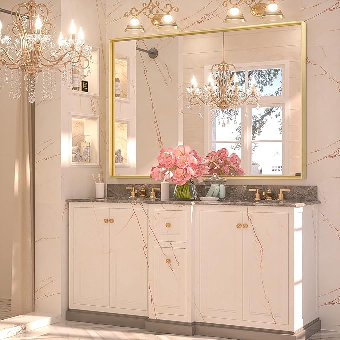 Keonjinn Gold Bathroom Mirror 40 x 30 Inch, Brushed Gold Mirror for Over Sink, Aluminum Alloy Framed, Square Corner, Modern Farmhouse, Large Rectangular Vanity Mirror for Wall(Horizontal/Vertical)
