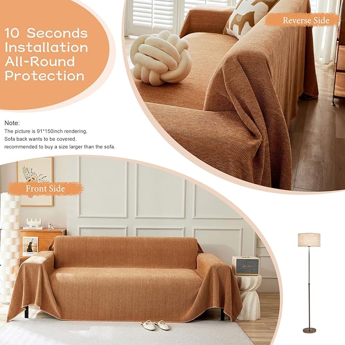 STACYPIK Dark Orange Sofa Cover for Dog Soft Chenille Couch Cover Boho Furniture Protector for 3 Cushion Couch Lovetseat Futon Cover Pumpkin Couch Cover Pet-Friendly Multi-Use Sofa Slipcover-91X118IN