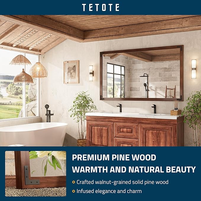 TETOTE 60 x 36 Rustic Bathroom Mirror Wood Frame, Waterproof Walnut Brown Farmhouse Wooden Framed Rectangle Bathroom Vanity Mirror for Modern Boho Decor, Horizontal/Vertical, Easy to Install