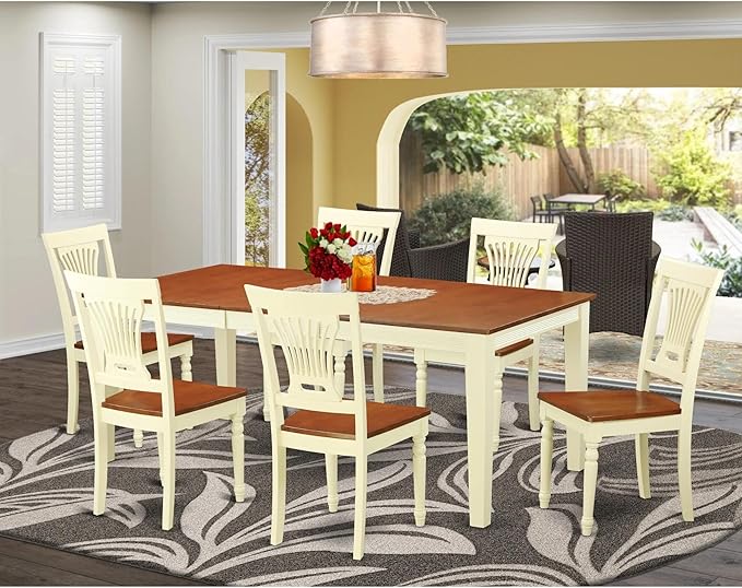East West Furniture QUPL7-WHI-W 7 Piece Kitchen Table & Chairs Set Consist of a Rectangle Dining Room Table with Butterfly Leaf and 6 Solid Wood Seat Chairs, 40x78 Inch, Buttermilk & Cherry