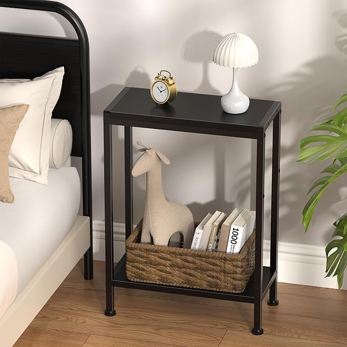 Narrow Side Table for Small Space Set of 2,2-Tier Small End Table with Shelf Holder, Slim Nightstand, Skinny Snack Couch Table in Living Room, Bedroom, Study, Kitchen and Balcony（Black