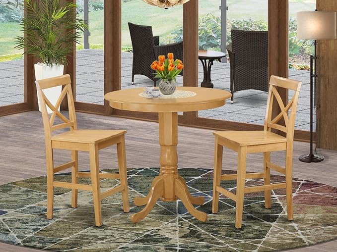 East West Furniture JAPB3-OAK-W 3 Piece Counter Height Pub Set for Small Spaces Contains a Round Kitchen Table with Pedestal and 2 Dining Room Chairs, 36x36 Inch, Oak