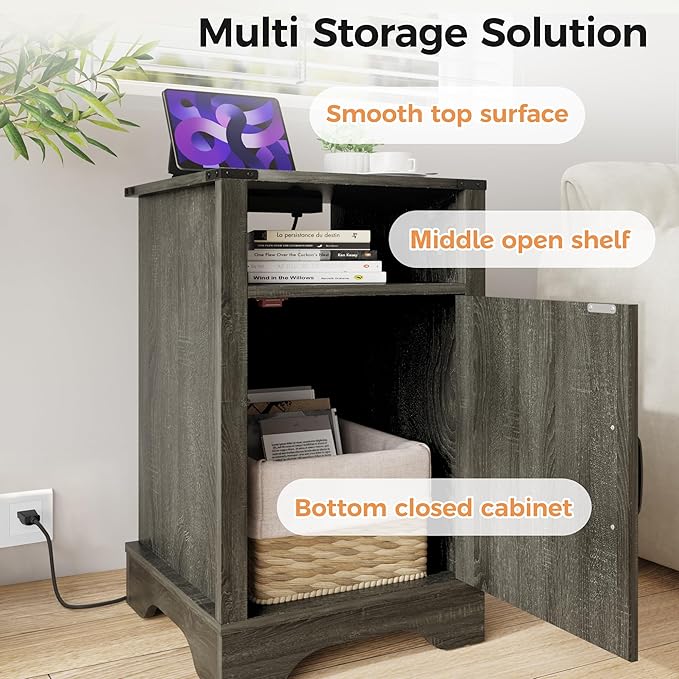RoyalCraft Set of 1 Farmhouse Nightstand, Grey End Table with Charging Station, Tall Bedside Table with Large Storage Room and Shelf, Wooden Rustic Side Table for Bedroom, Home Office, Dark Grey