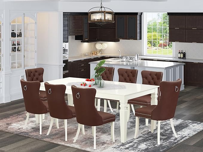 East West Furniture LGDA9-LWH-26 9 Piece Kitchen Table Set Consists of a Rectangle Dining Table with Butterfly Leaf and 8 Polyester Fabric Upholstered Parson Chairs, 42x84 Inch, linen white