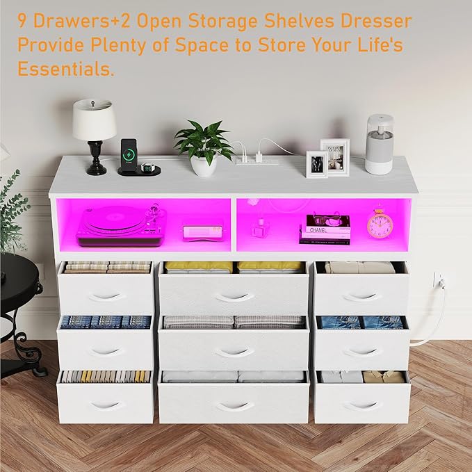 White Dresser for Bedroom, Led Dresser TV Stand with Power Outlets and LED Lights, Long Fabric Dressers Wide Chest of Drawers with Large Organizer for Living Room, Entryway, Hallway,White