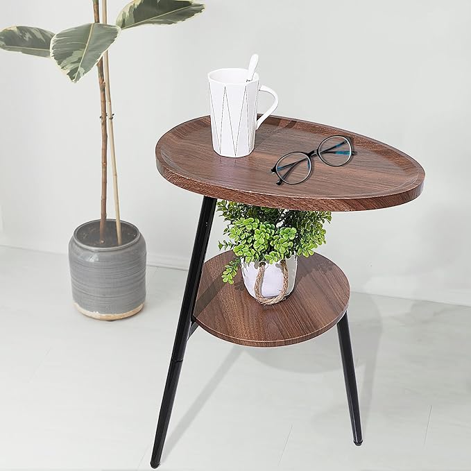 Side Table Small End Table, Oval & Round Wood Sofa Table, 2-Tier Accent Table Nightstand Bedside Table with Metal Frame for Living Room, Bedroom, Small Spaces (Rustic Brown)