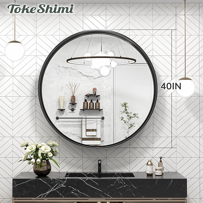 TokeShimi 40 Inch Round Black Bathroom Mirror for Wall with Non-Rusting Aluminum Alloy Brushed Matte Metal Frame for Modern Minimalist Farmhouse Home Decor