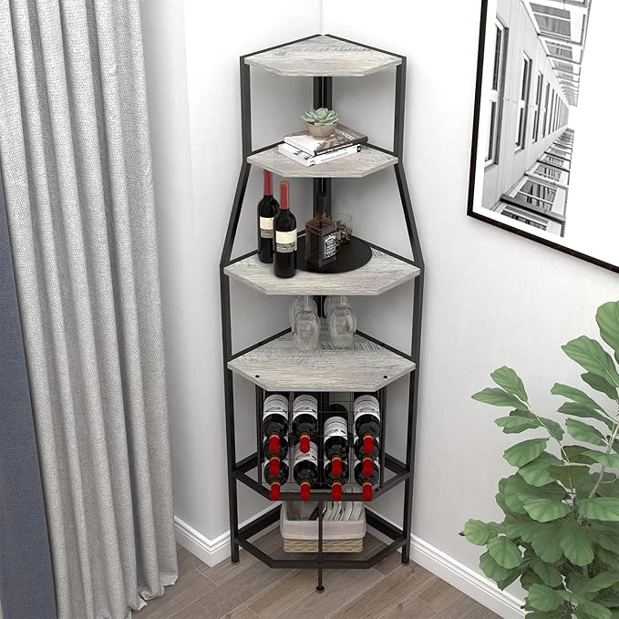 5-Tier Corner Wine Rack Floorstanding with Glass Holder and Bottles Wine Storage Home Bar Furniture for Home Kitchen Dining Room Industrial Metal and Wooden Corner Shelf