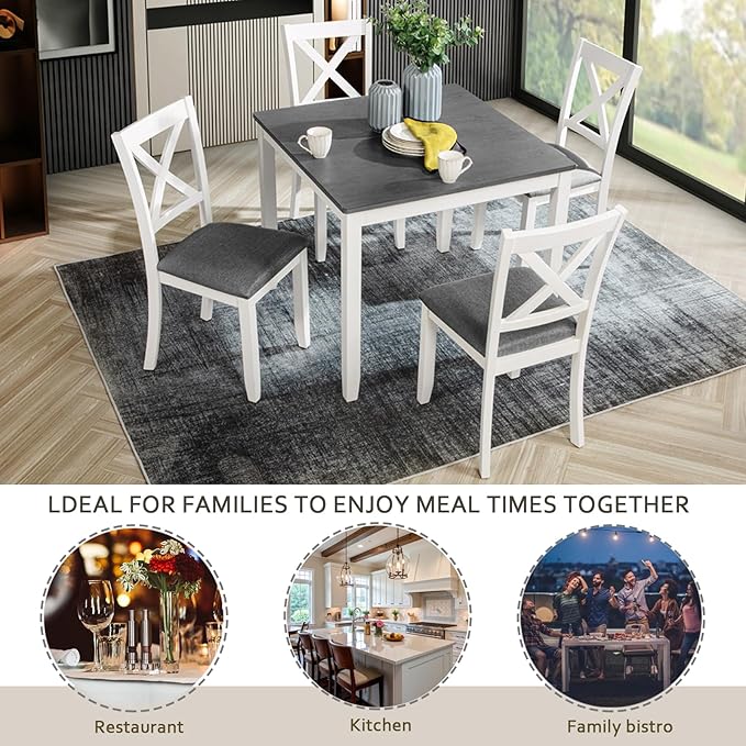 Ball & Cast 5 Piece Dining Table Set with 4 X-Back Chairs,Wooden Living Room Furniture W/ 34.5" Square Kitchen Desk,Easy Assemble & Clean,for Small Space,Apartment,Dining Room,White+Gray