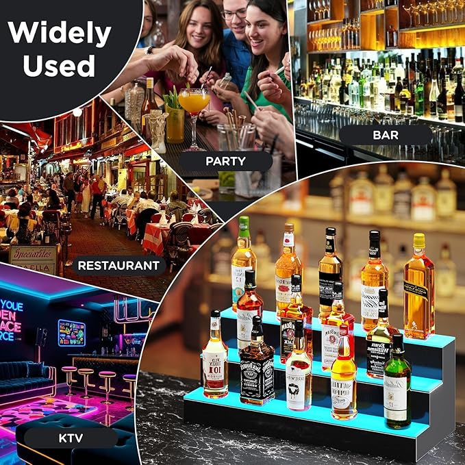 Dethan 3 Tier 40 Inch Liquor Bottle Display Shelf - Illuminated Wine Racks with Multi-Color App & Remote Control, Adjustable Brightness & Sound Modes, Acrylic Bar Shelves Displays