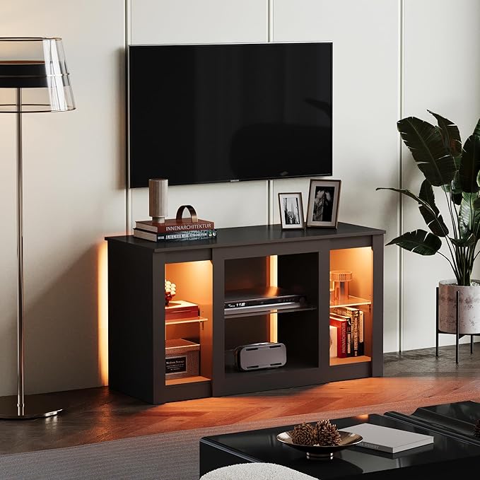 WLIVE TV Stand for 43 Inch TV, Modern Entertainment Center with LED Lights & Adjustable Glass Shelves, Sturdy Media Console for Living Room, Bedroom,Gaming (Black)