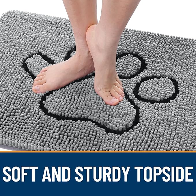 OLANLY Door Mat for Muddy Dog Paws 70x24, Ultra Absorbent Chenille Mud Doormat with Paw Print Design, Non-Slip Washable Doormat for Indoor Entryway, Quick-Dry Pet Bed Mats for Dirty Dogs, Grey
