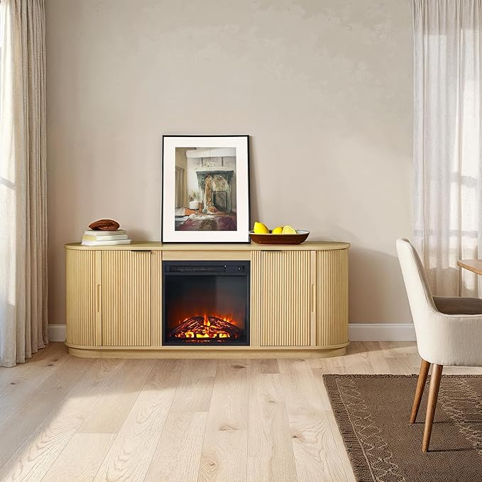 Walker Edison Chloe Reeded TV Stand with Fireplace Insert, 65 Inch, 60 inch, Coastal Oak