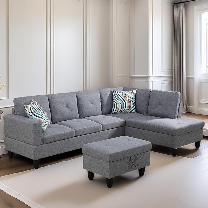 L Shaped Sectional Couch Sofa, Modern Couches for Living Room, Comfy 4 Seat Modular Sectional Sofa with Ottoman Storage for Bedroom Apartment, Gray