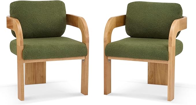 Christopher Knight Home Yorick Modern Boucle Dining Chair Set of 2 with Cushion, Solid Wood Dining Room Armchair Set, Curved Backrest Kitchen Side Chair, Living Room Comfy Extra Seat, Natural+Green