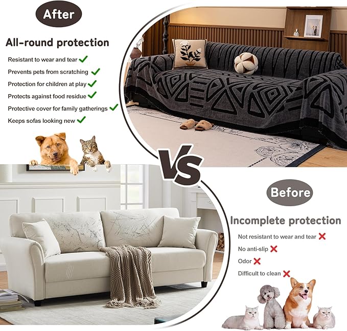 HANDONTIME Dark Grey Short Plush Couch Cover for Sofa Boho Faux Fur Sofa Covers Black Geometric Couch Sofa Slipcover for Pets Shu Velveteen Sofa Cover Washable Warm Soft Funny Fuzzy, 71" X118"