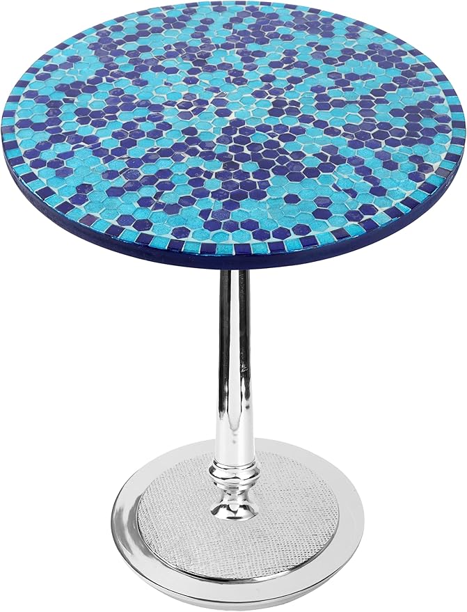 CLEENTABLE Mosaic Round End Table for Living Room & Bedroom - Artistic Coffee Side Table with Polished Aluminum Legs, Enamel-Coated Top, Lightweight Design, Easy Assembly (Blue Silver)
