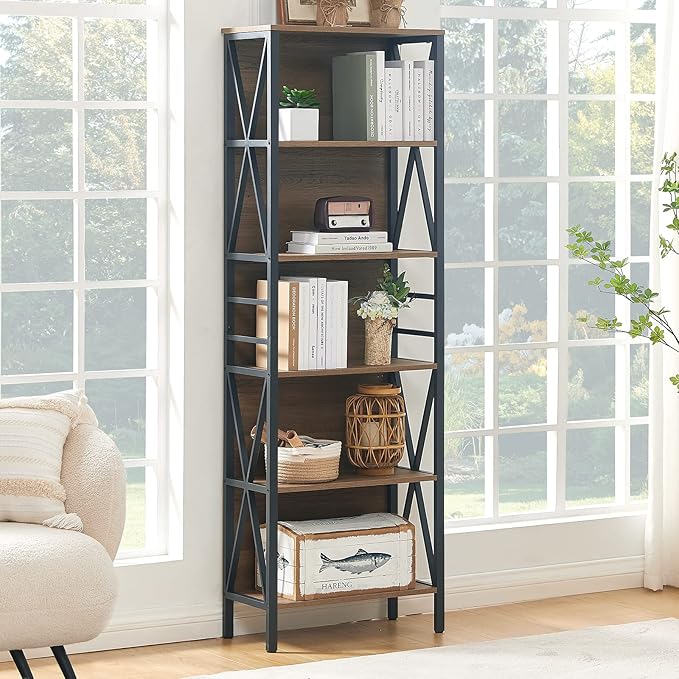 HOMISSUE Tall Bookshelf, 6-Tier Book Shelf, Rustic Wood Metal Bookshelves and Bookcases, Freestanding and Industrial Open Bookcase for Home Office, Living Room and Bedroom, Vintage Brown