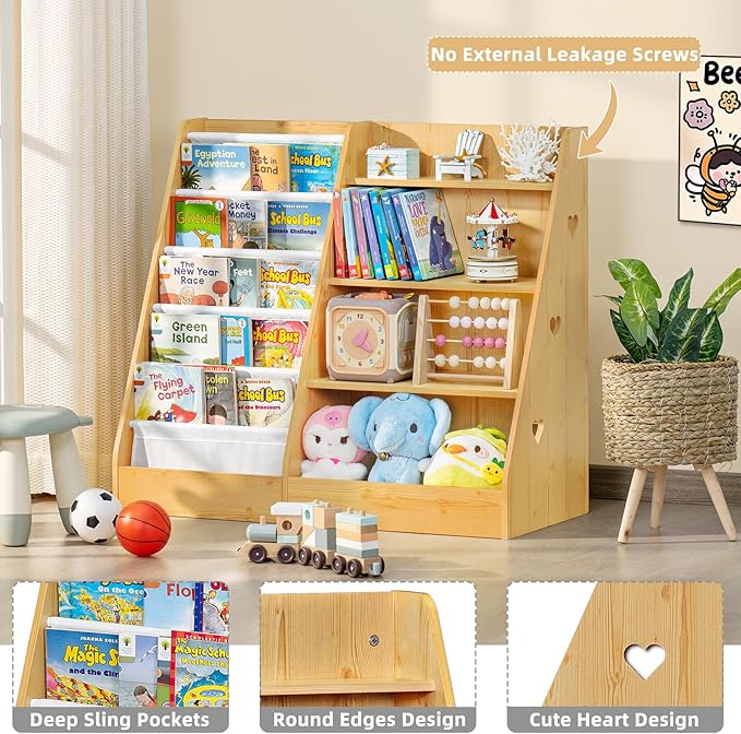 Lerliuo 4 Tier Kids Bookshelf and Storage Organizer, Five Layer Sling Children Bookcase, Baby Toddler Wooden Book Shelf, Display Cabinet for Playroom, Bedroom, Classroom, Nursery, School (Natural)