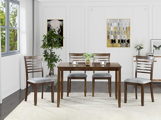 KEIKI 5-Piece Standard Height Dining Table Set with Rectangular Table and 4 Upholstered Ladder Backrset Chair, for 4 Person, Modern Wooden Table Set, Easy Assembly, for Kitchen, Dining Room, Walnut
