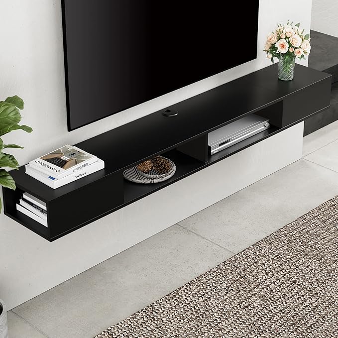 WAMPAT 70 inch Black Floating TV Stand, Entertainement Center Wall Mount for 75 inch TV, Media Console for Under TV with Storage for Living Room