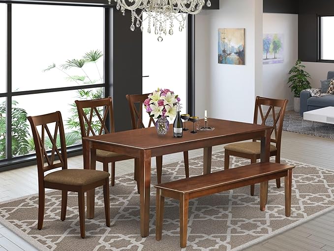 East West Furniture DUCL6-MAH-C 6 Piece Kitchen Table & Chairs Set Contains a Rectangle Dining Room Table and 4 Linen Fabric Dining Chairs with a Bench, 36x60 Inch, Mahogany