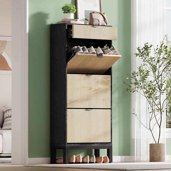 GarveeHome Shoe Cabinet with 3 Flip Doors & 1 Drawer, Entrance Wooden Shoe Rack with Iron Legs, Slim Shoe Storage Cabinet, Modern Fluted Shoe Organizer for Entryway Hallway, Black+Oak