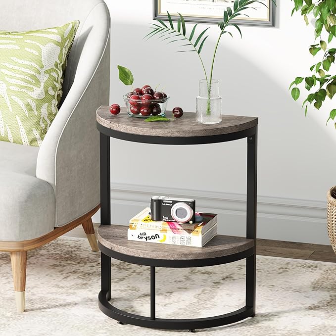 Tribesigns 2-Tier End Table Semi Circle, Small Half Round Side Table with Storage Shelf, Wood Accent Table Slim C Table for Sofa Couch, Living Room, Bedroom, Easy Assembly, Rustic Grey & Black
