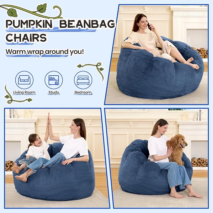 HABUTWAY Giant Bean Bag Chair for Adults/Kids/Teens, Pumpkin Bean Bag Couch Comfy Reading Chair for Bedroom, Corduroy Lazy Sofa Loughe Chair with Wider Seat Depth & Non-Slip Bottom(Blue)