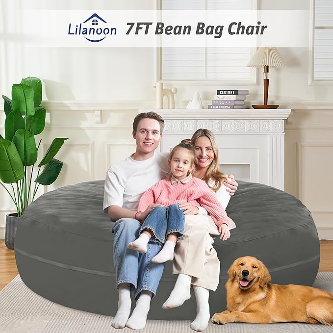 7FT Bean Bag Chair with Ultra Soft Velvet Cover Bean Bag Sofa with Memory Foam Bean Bag Chairs with Large Size Lazy Sofa for Dorm Office Living Room Bedroom Light Grey 7'