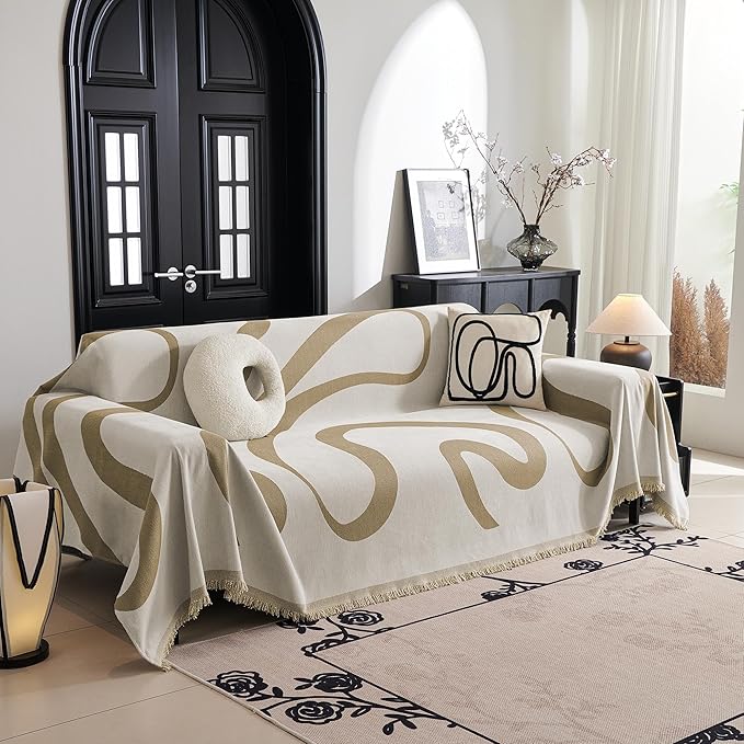 MYSKY HOME Boho Couch Cover Super Soft Couch Covers for 2-3 Cushion Couch Sofa, Modern Khaki Jacquard Sofa Slipcover Loveseat Futon Cover, Couch Covers for Sectional Sofa, 71" x 102", Khaki Curve