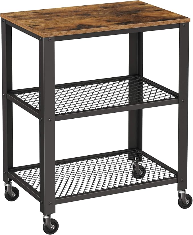 VASAGLE BRYCE Serving Cart, 3-Tier Kitchen Utility Cart on Wheels with Storage, for Living Room, Accent Furniture with Steel Frame, Industrial, Rustic Brown and Black ULRC78X
