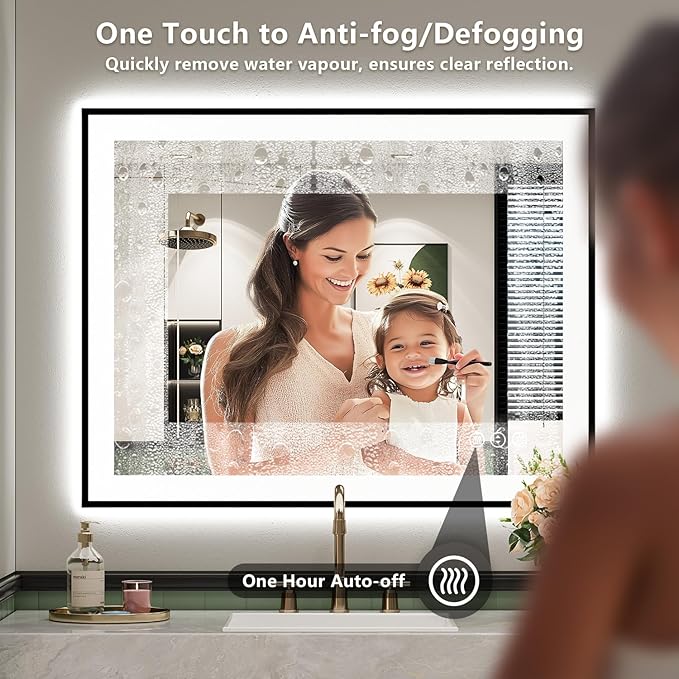 36x30 Inch LED Bathroom Mirror with Lights (Front Lit and Backlit) Black Framed Lighted Vanity Mirror for Bathroom Wall Dimmable Anti-Fog Memory Tempered Glass Horizontal/Vertical