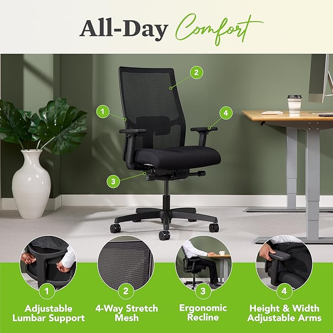 HON Ignition 2.0 Mid Back Task Chair, Advanced Synchro-Tilt Control, Office Chair with Lumbar Support, Height and Width Adjustable Arms, Black Frame, Black