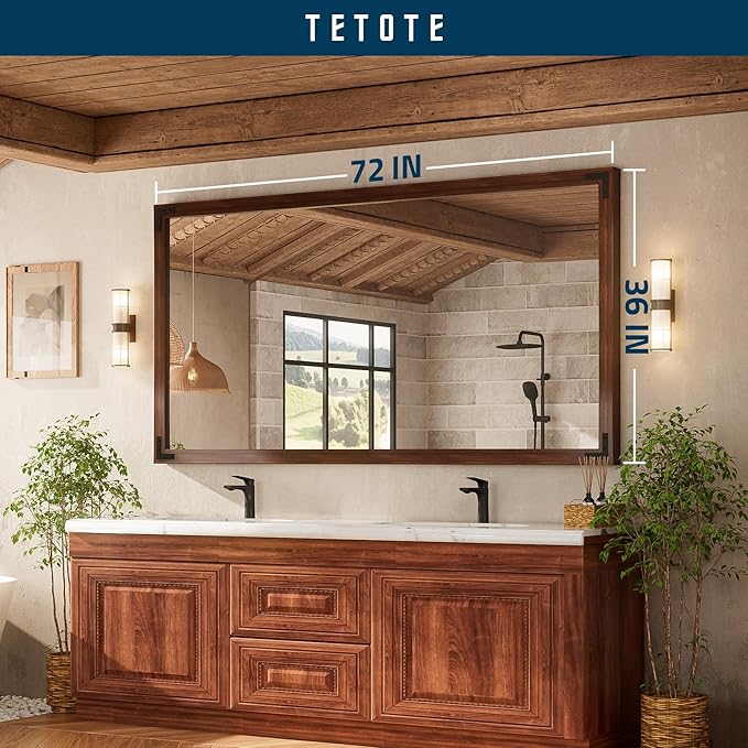 TETOTE 72 x 36 Walnut Wood Mirror for Bathroom Wall/Bedroom/Living Room/Entryway Farmhouse Rustic Bathroom Vanity Mirror Waterproof (Horizontal/Vertical Mounted)