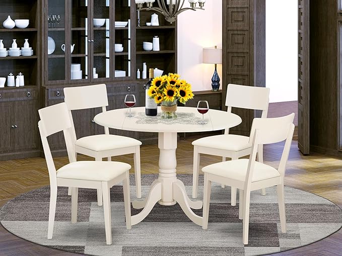 East West Furniture DLAD5-LWH-LC 5 Piece Modern Dining Table Set Includes a Round Wooden Table with Dropleaf and 4 Faux Leather Dining Room Chairs, 42x42 Inch, Linen White