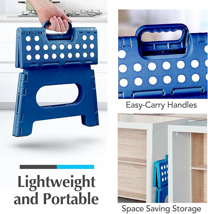 Handy Laundry Folding Lightweight Step Stool - Sturdy Enough to Support Adults and Safe Enough for Kids - Opens Easy with One Flip - Great for Kitchen, Bathroom or Bedroom (Blue | 2-Pack)