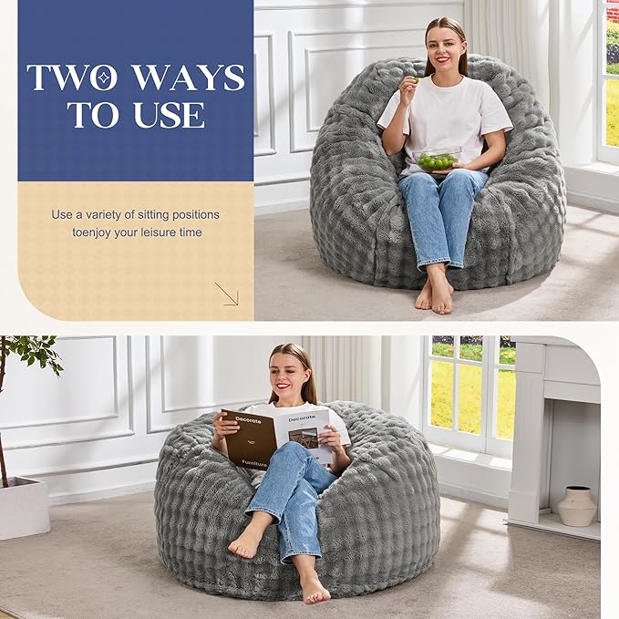 Hobestluk Bean Bag Chairs 3ft Beanbag Chair with Filler Adult Bean Bags with Fluffy & Machine Washable Cover, Giant Bean Bag Chairs for Adults (Grey, 3FT-36" x 36" x 22")